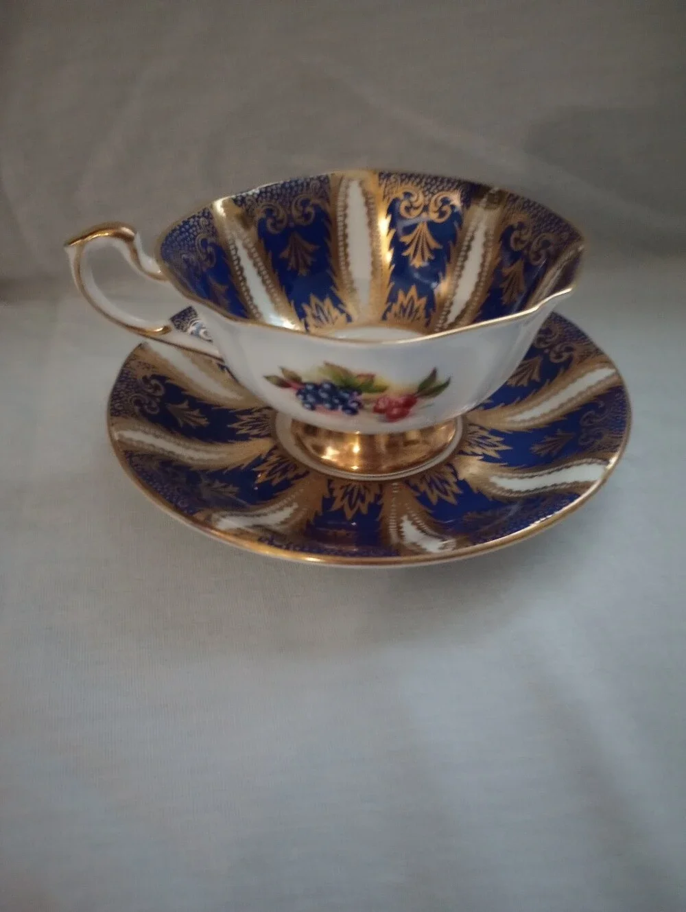 Paragon Blue & Gold Her Majesty's Cup & Saucer Fruit Pattern